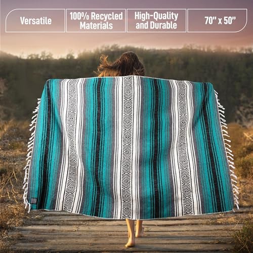 Hydration Nation Authentic Extra Large Mexican Blanket - 70"x50" Handwoven Yoga, Serape, Artisanal Falsa, Beach, Camping, Picnic, Outdoor Blanket (Emerald) - Image 3