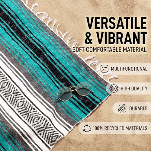 Hydration Nation Authentic Extra Large Mexican Blanket - 70"x50" Handwoven Yoga, Serape, Artisanal Falsa, Beach, Camping, Picnic, Outdoor Blanket (Emerald) - Image 2
