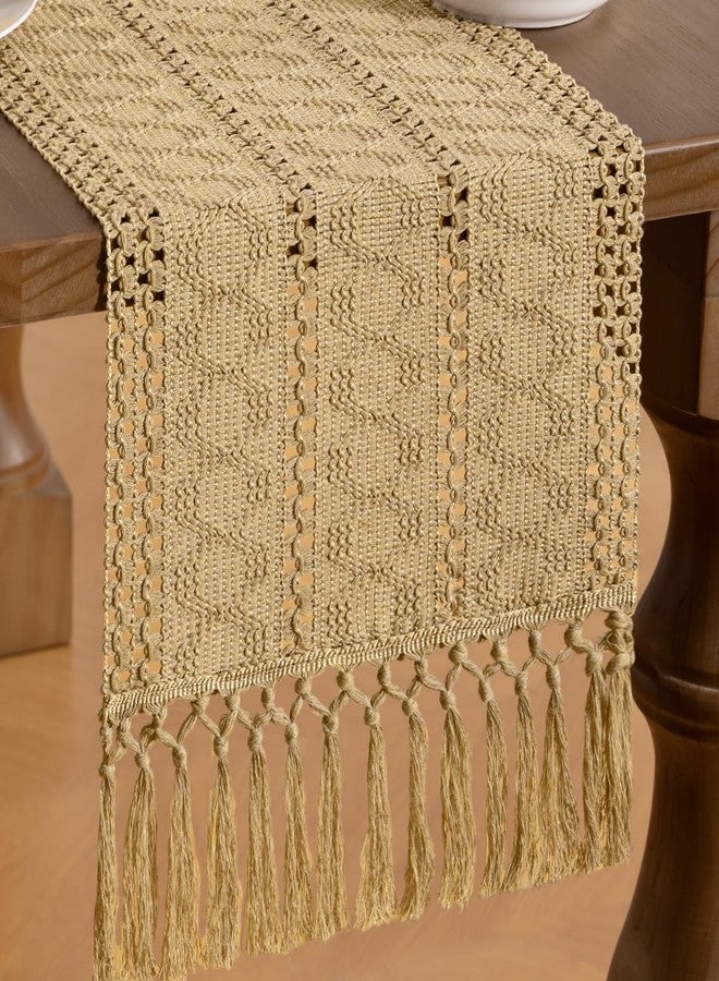MLMW Boho Champagne Table Runner 48 inches Small Coffee Table Runner Macrame Woven Table Runners with Tassels Short Dresser Runners for Bedroom Living Room Home Decor - Image 2