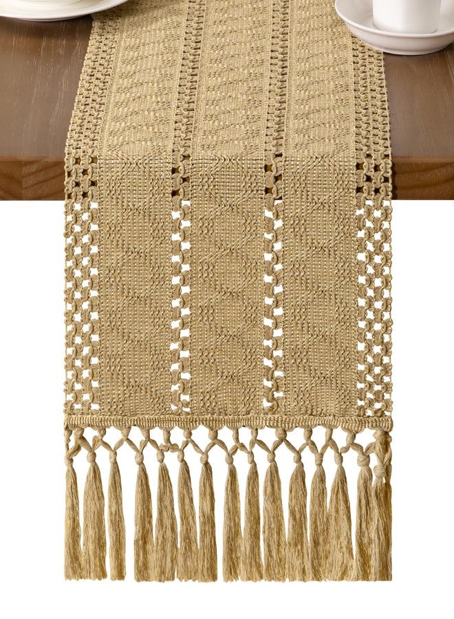 MLMW Boho Champagne Table Runner 48 inches Small Coffee Table Runner Macrame Woven Table Runners with Tassels Short Dresser Runners for Bedroom Living Room Home Decor - Image 1