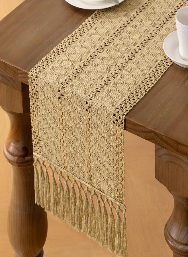 MLMW Boho Champagne Table Runner 48 inches Small Coffee Table Runner Macrame Woven Table Runners with Tassels Short Dresser Runners for Bedroom Living Room Home Decor - Image 3