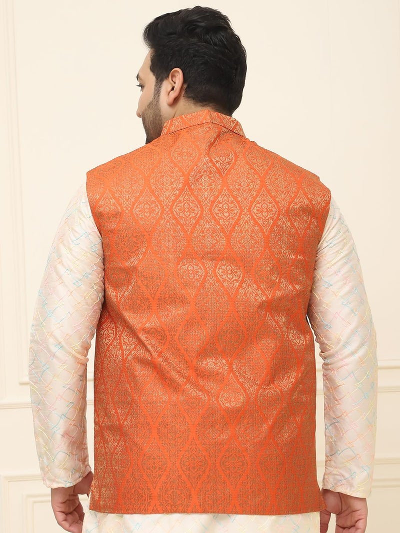 SOJANYA Plus (Since 1958) Men's Jacquard Silk Self Design Orange ONLY Nehrujacket - Image 5