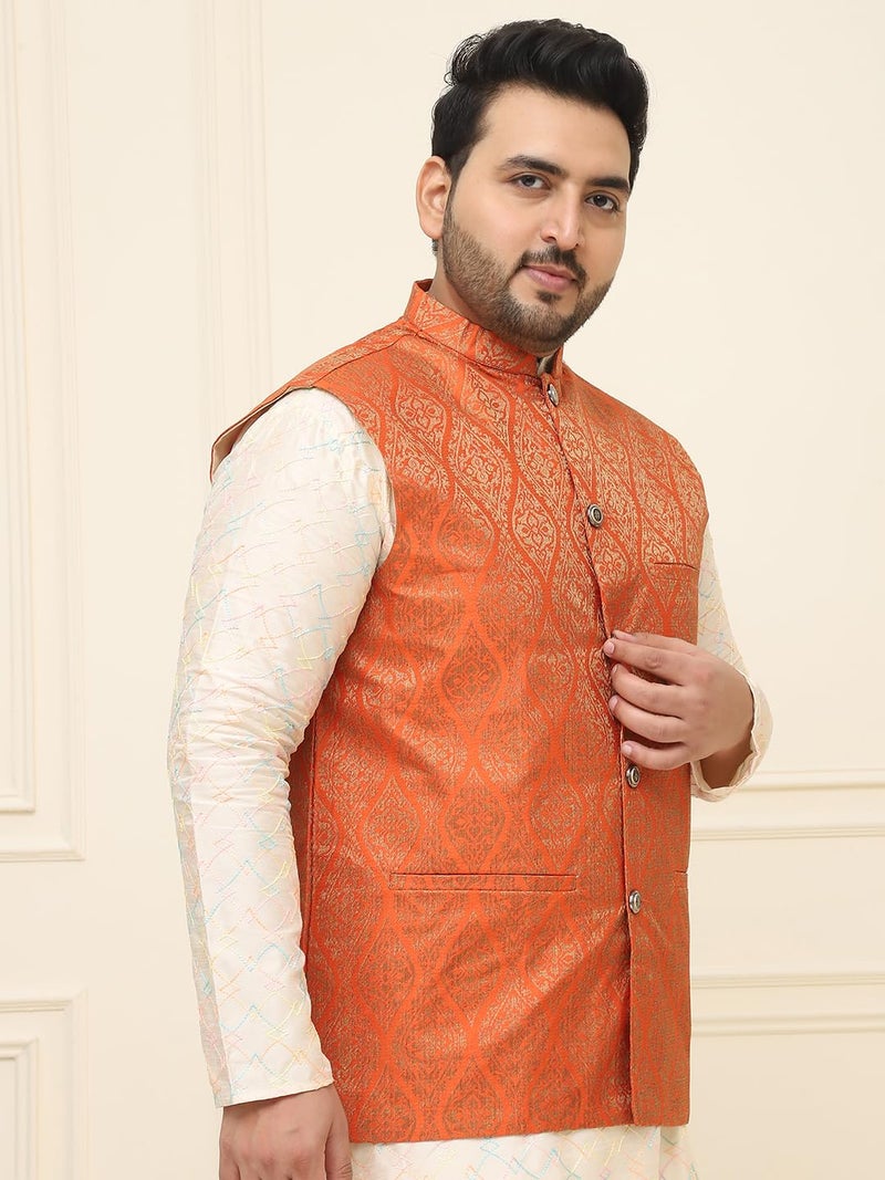 SOJANYA Plus (Since 1958) Men's Jacquard Silk Self Design Orange ONLY Nehrujacket - Image 3