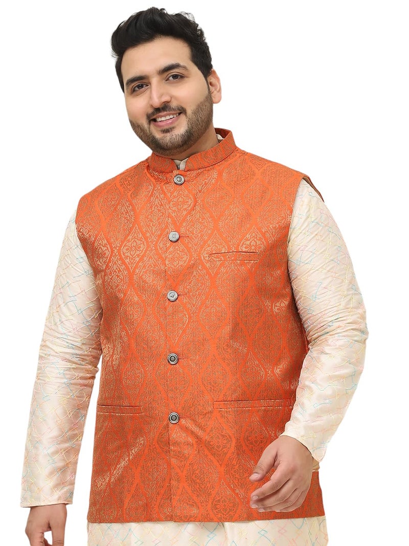 SOJANYA Plus (Since 1958) Men's Jacquard Silk Self Design Orange ONLY Nehrujacket - Image 1
