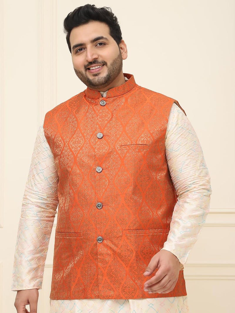 SOJANYA Plus (Since 1958) Men's Jacquard Silk Self Design Orange ONLY Nehrujacket - Image 2