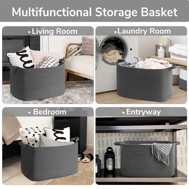 Goodpick Storage Basket, Rectangle Dirty Clothes Baskets for Laundry, Woven Basket for Living Room, Extra Large Cotton Rope Baskets for Toys, Blankets, 23.6" x 15.7" x 13.8", Dark Gray - Image 4