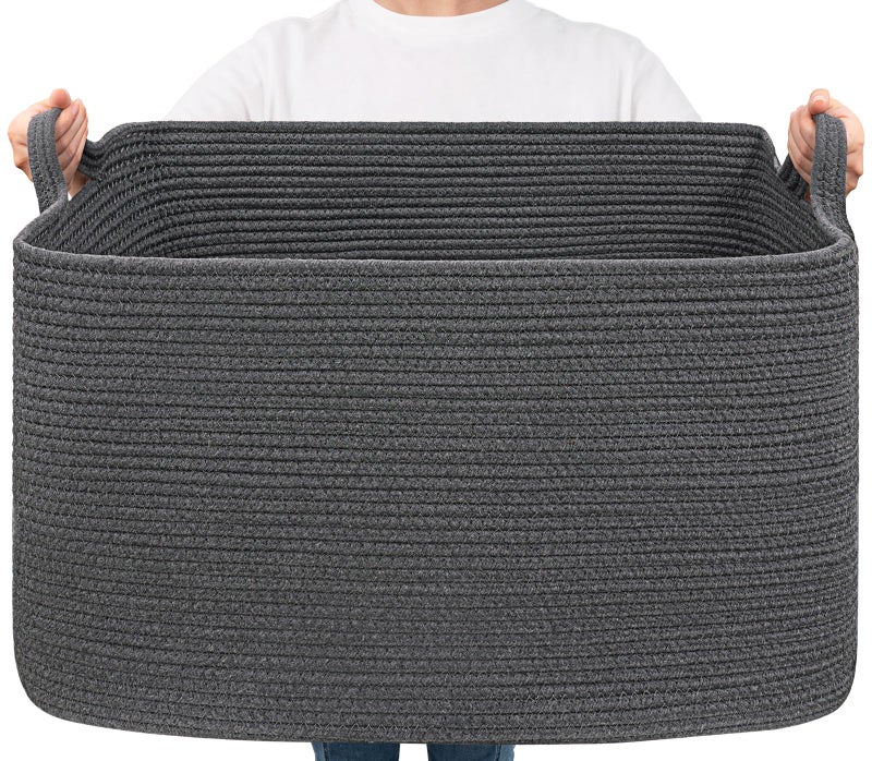 Goodpick Storage Basket, Rectangle Dirty Clothes Baskets for Laundry, Woven Basket for Living Room, Extra Large Cotton Rope Baskets for Toys, Blankets, 23.6" x 15.7" x 13.8", Dark Gray - Image 1
