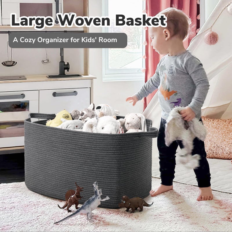 Goodpick Storage Basket, Rectangle Dirty Clothes Baskets for Laundry, Woven Basket for Living Room, Extra Large Cotton Rope Baskets for Toys, Blankets, 23.6" x 15.7" x 13.8", Dark Gray - Image 2