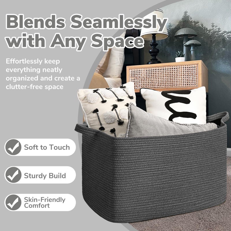 Goodpick Storage Basket, Rectangle Dirty Clothes Baskets for Laundry, Woven Basket for Living Room, Extra Large Cotton Rope Baskets for Toys, Blankets, 23.6" x 15.7" x 13.8", Dark Gray - Image 5