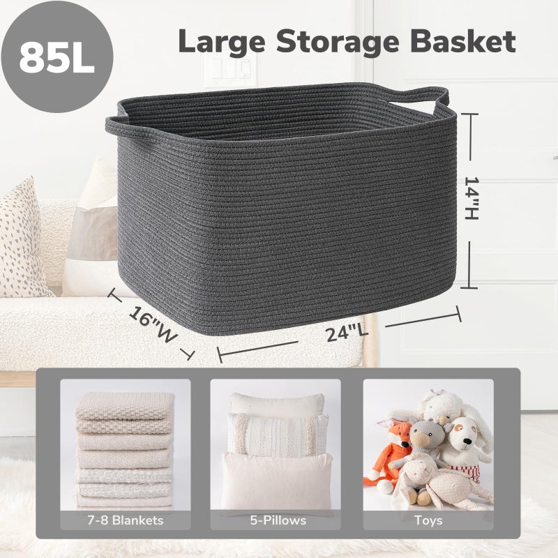 Goodpick Storage Basket, Rectangle Dirty Clothes Baskets for Laundry, Woven Basket for Living Room, Extra Large Cotton Rope Baskets for Toys, Blankets, 23.6" x 15.7" x 13.8", Dark Gray - Image 3