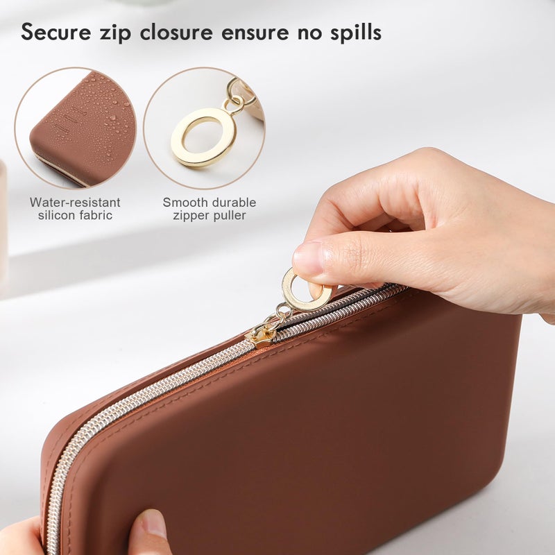 FVION Zipper Makeup Brushes Bag For Travel, Large Silicone Makeup Brush Holder, Make Up Brushes Pouch Case for Makeup Tools - Brown - Image 5
