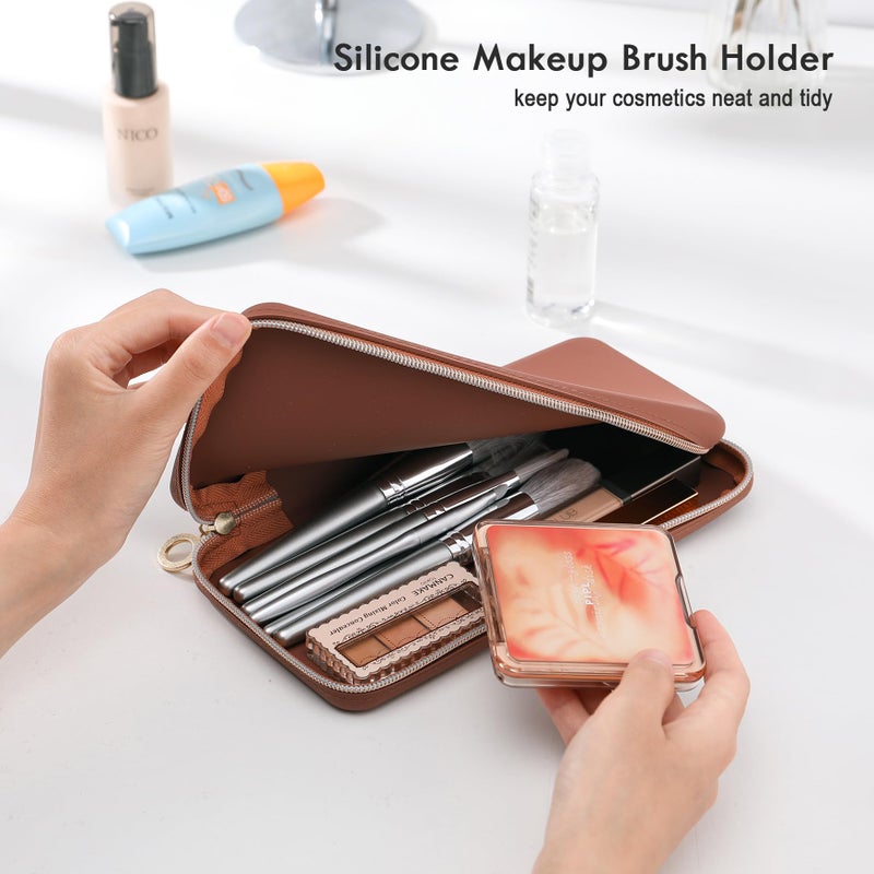 FVION Zipper Makeup Brushes Bag For Travel, Large Silicone Makeup Brush Holder, Make Up Brushes Pouch Case for Makeup Tools - Brown - Image 4