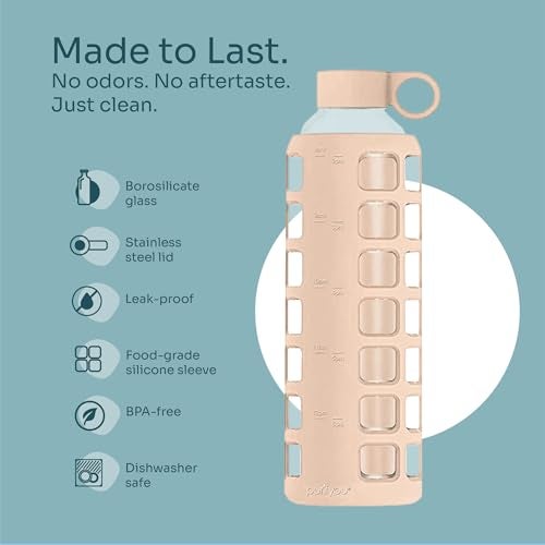 purifyou 40oz / 32oz / 22oz / 12oz Borosilicate Glass Water Bottle with Time & Volume Markers, Silicone Sleeve, Stainless Steel Lid | Reusable Glass Bottle for Water & Juice (32oz Hazelnut) - Image 4