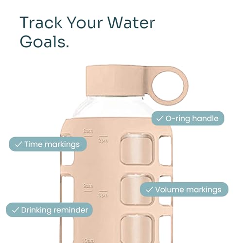 purifyou 40oz / 32oz / 22oz / 12oz Borosilicate Glass Water Bottle with Time & Volume Markers, Silicone Sleeve, Stainless Steel Lid | Reusable Glass Bottle for Water & Juice (32oz Hazelnut) - Image 3