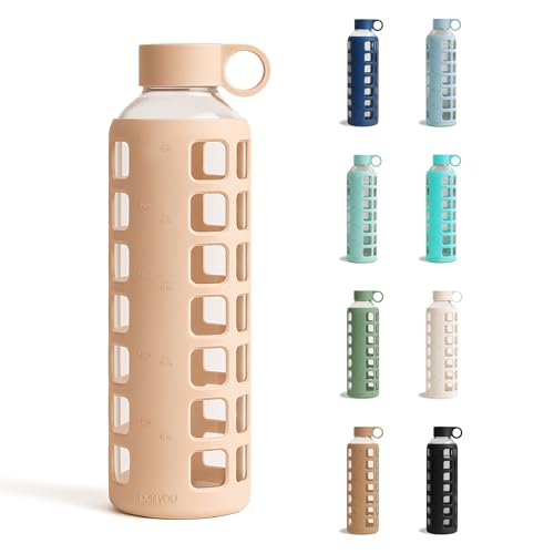 purifyou 40oz / 32oz / 22oz / 12oz Borosilicate Glass Water Bottle with Time & Volume Markers, Silicone Sleeve, Stainless Steel Lid | Reusable Glass Bottle for Water & Juice (32oz Hazelnut) - Image 1