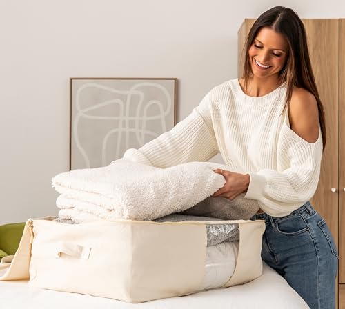 VeraMia Soft Canvas Storage Bags with Zipper. Thick Breathable, 1pc King/Queen Comforter Organizer. Four Carrying Handles and Window. Large 25x19x9in Bag for Sheets Blankets Bedding Pillows, Clothes - Image 2