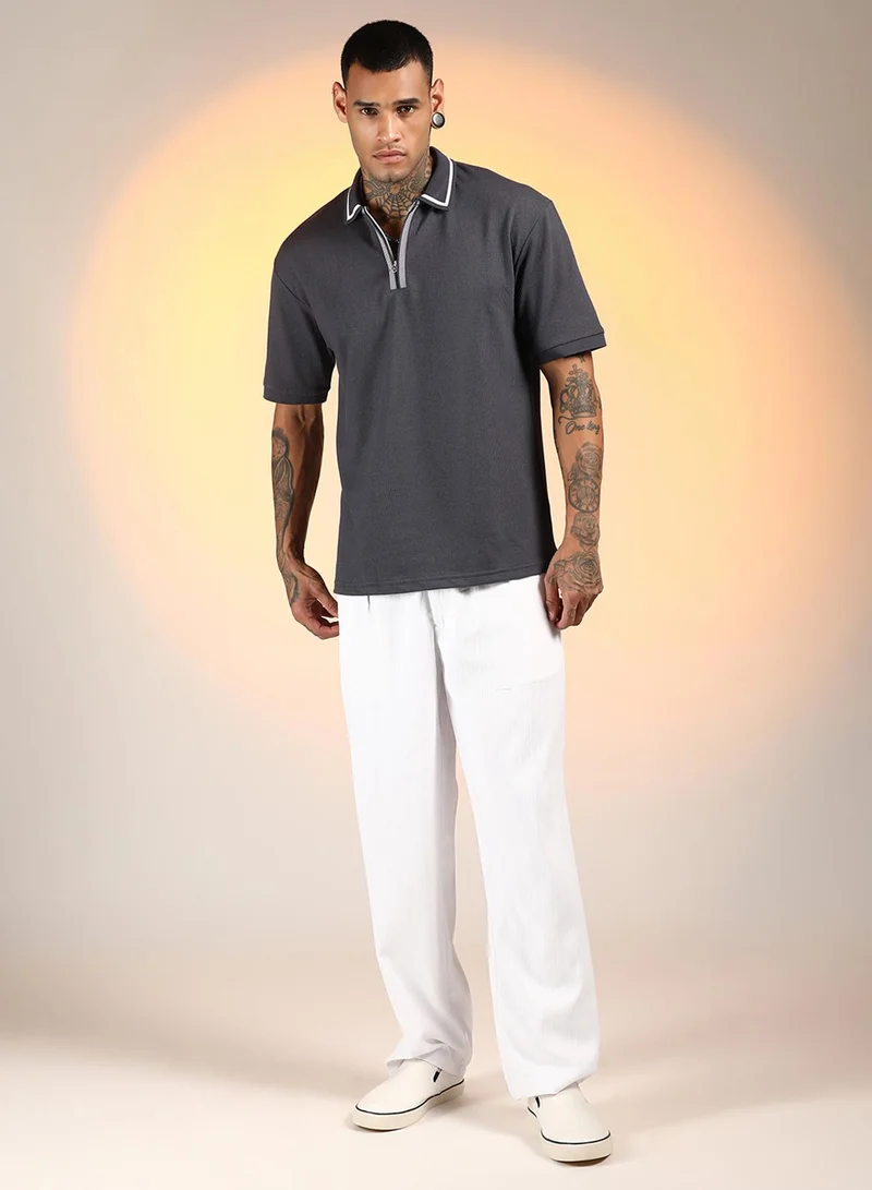 كامبوس سوترا Men's Charcoal Grey Micro-Waffle Polo T-Shirt