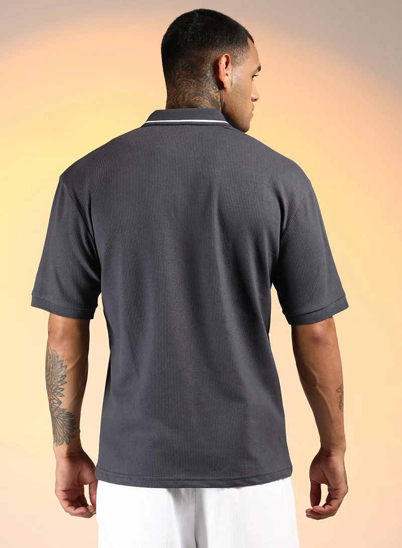 كامبوس سوترا Men's Charcoal Grey Micro-Waffle Polo T-Shirt