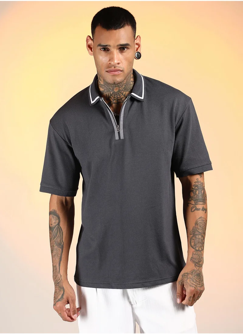 Campus Sutra Men's Charcoal Grey Micro-Waffle Polo T-Shirt