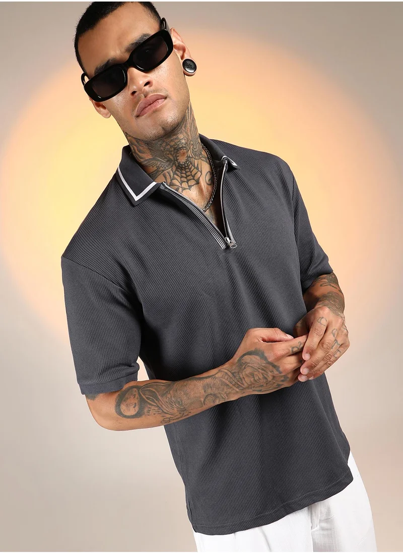 Campus Sutra Men's Charcoal Grey Micro-Waffle Polo T-Shirt
