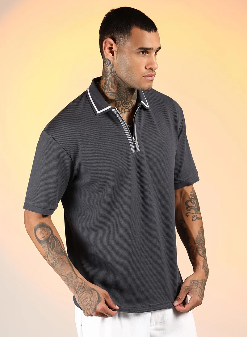 كامبوس سوترا Men's Charcoal Grey Micro-Waffle Polo T-Shirt