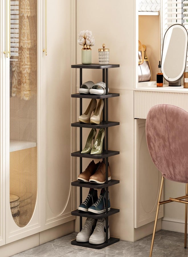 SORCEDAS 7 Tiers Vertical Shoe Rack Wooden Shoe Storage Organizer for Space Saving Narrow Shoe Shelf Storage 7 Pairs for Entryway Living Room Bedroom(Black + Rustic Dark Brown) - Image 3