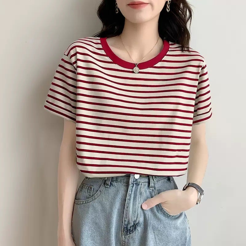 Short-Sleeved T-Shirt Women'S Summer Thin 2023 New All-Match Loose Cotton Green Striped T-Shirt Women'S Top - Image 3