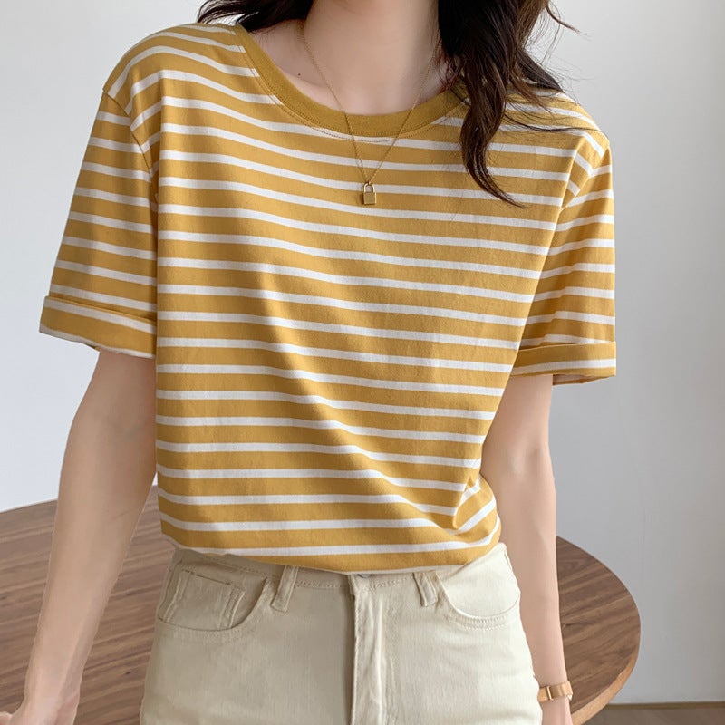 Short-Sleeved T-Shirt Women'S Summer Thin 2023 New All-Match Loose Cotton Green Striped T-Shirt Women'S Top - Image 1