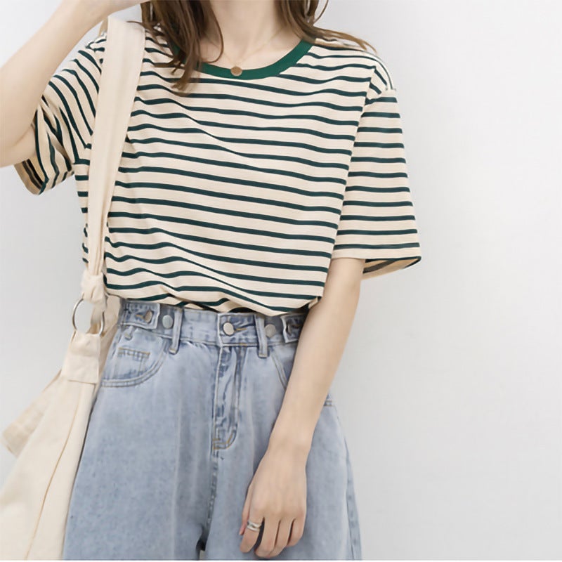 Short-Sleeved T-Shirt Women'S Summer Thin 2023 New All-Match Loose Cotton Green Striped T-Shirt Women'S Top - Image 2