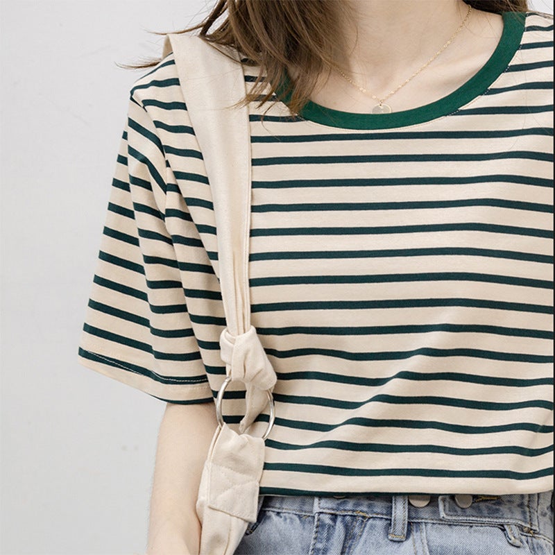 Short-Sleeved T-Shirt Women'S Summer Thin 2023 New All-Match Loose Cotton Green Striped T-Shirt Women'S Top - Image 4