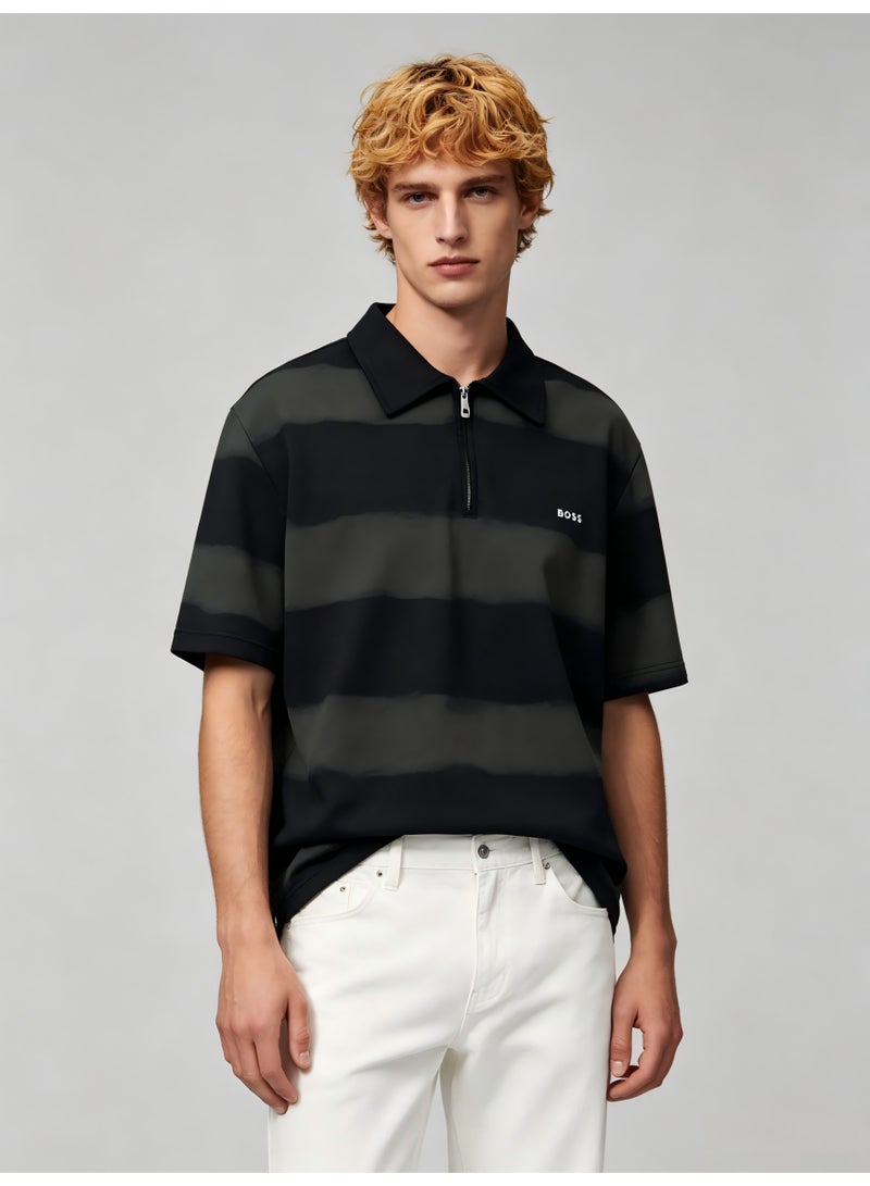 BOSS Men's Half-Zip Polo Shirt, Tie-Dye Stripe Short Sleeve Top, Breathable Casual Sportswear for Everyday & Streetwear - Black/Dark Grey - Image 1