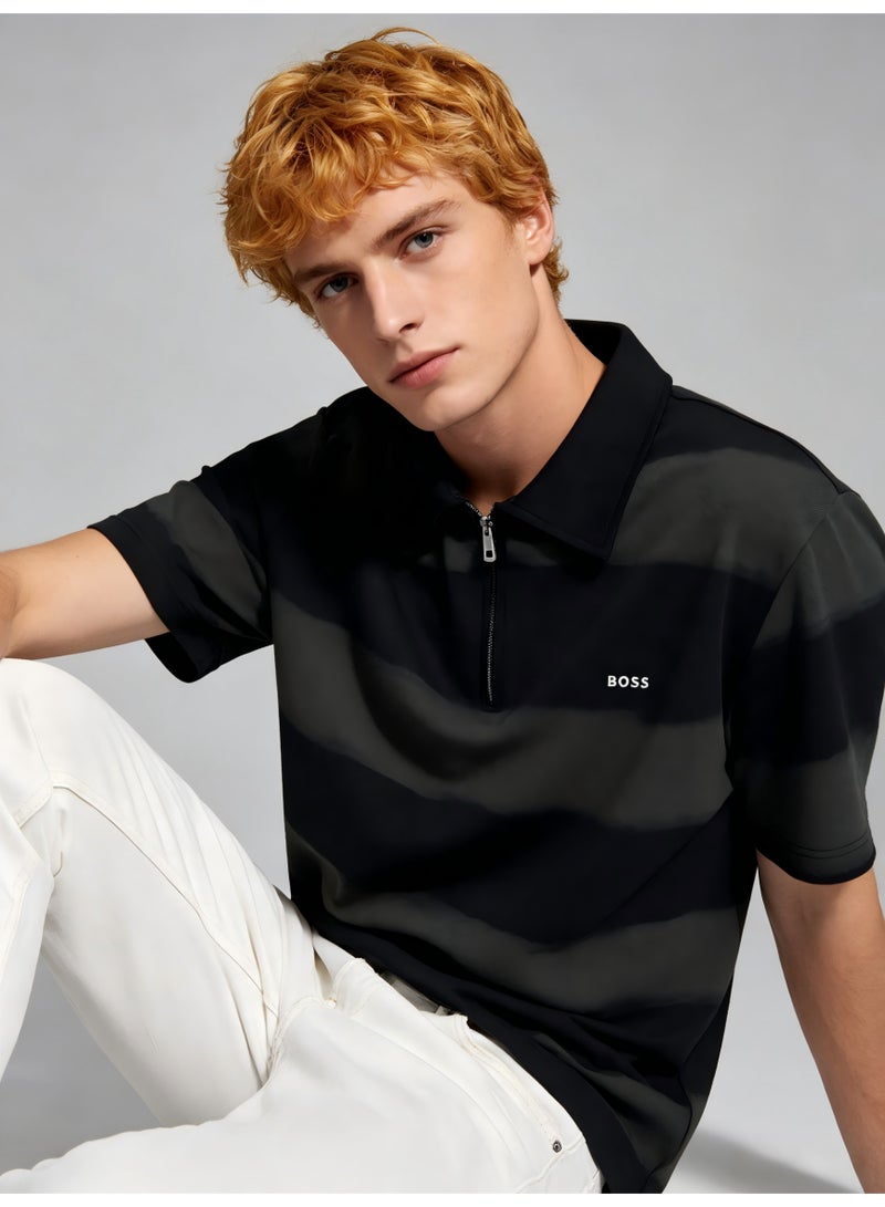 BOSS Men's Half-Zip Polo Shirt, Tie-Dye Stripe Short Sleeve Top, Breathable Casual Sportswear for Everyday & Streetwear - Black/Dark Grey - Image 3