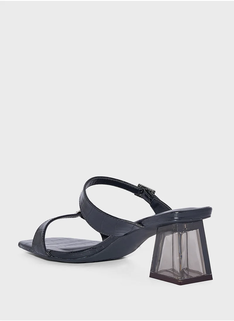 ELLA Buckled Double Strap Croc  Clear Block Heel Sandal