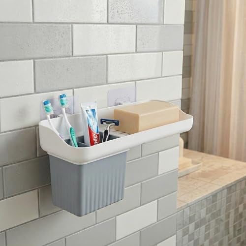 HAPPI Soap Holder for Bathroom – Self-Adhesive Wall-Mounted Soap Case with Glass Tumbler, Tooth Brush Holder & Bottle Space Shelf Tray, Soap Dish Stand for Bathroom Organizer (White/Grey) - Image 4