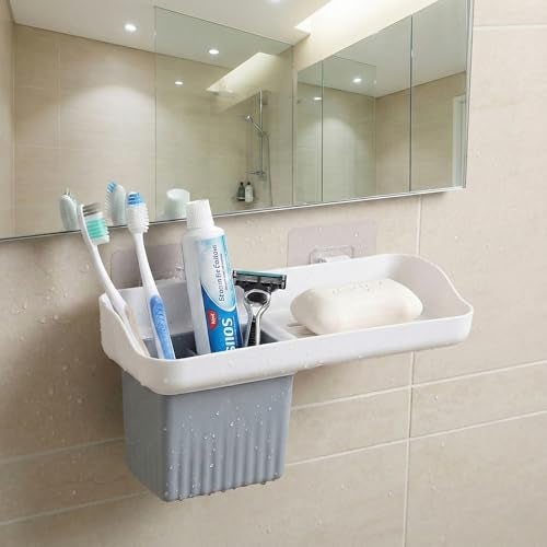 HAPPI Soap Holder for Bathroom – Self-Adhesive Wall-Mounted Soap Case with Glass Tumbler, Tooth Brush Holder & Bottle Space Shelf Tray, Soap Dish Stand for Bathroom Organizer (White/Grey) - Image 5