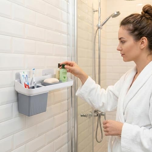 HAPPI Soap Holder for Bathroom – Self-Adhesive Wall-Mounted Soap Case with Glass Tumbler, Tooth Brush Holder & Bottle Space Shelf Tray, Soap Dish Stand for Bathroom Organizer (White/Grey) - Image 3