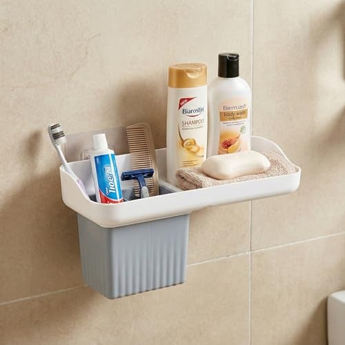 HAPPI Soap Holder for Bathroom – Self-Adhesive Wall-Mounted Soap Case with Glass Tumbler, Tooth Brush Holder & Bottle Space Shelf Tray, Soap Dish Stand for Bathroom Organizer (White/Grey) - Image 1