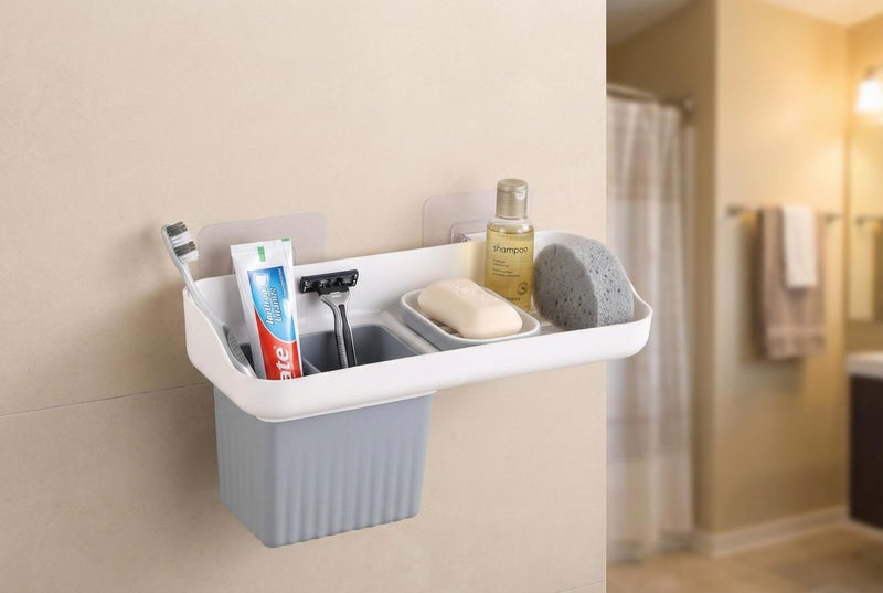HAPPI Soap Holder for Bathroom – Self-Adhesive Wall-Mounted Soap Case with Glass Tumbler, Tooth Brush Holder & Bottle Space Shelf Tray, Soap Dish Stand for Bathroom Organizer (White/Grey) - Image 2