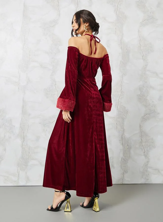 Styli Velvet Furred-Cuff Dress