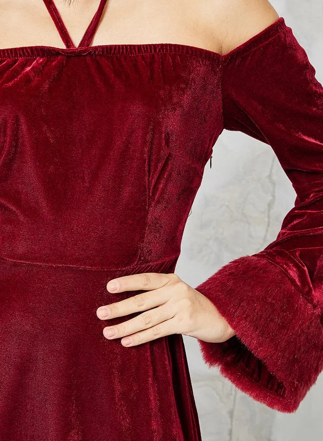 Styli Velvet Furred-Cuff Dress
