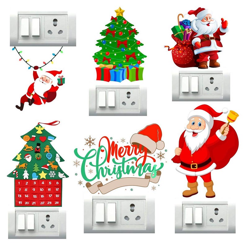 DecorVilla Decor Villa PVC Vinyl Santa Claus Merry Christmas Tree Switch Board Switch Board Wall Sticker for Living Room BedroomSize 30 CM X 30 CMMulticolor - Image 1