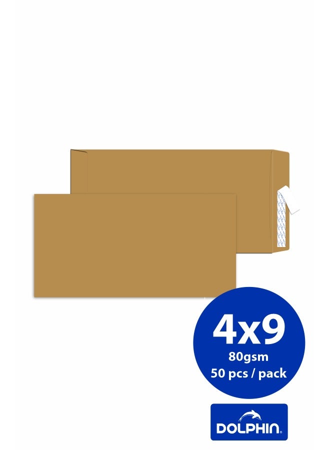 Dolphin Envelopes 4.5x9" Brown, 80 GSM, Pocket Type, Peel & Seal Closure – Pack of 50  - Image 1