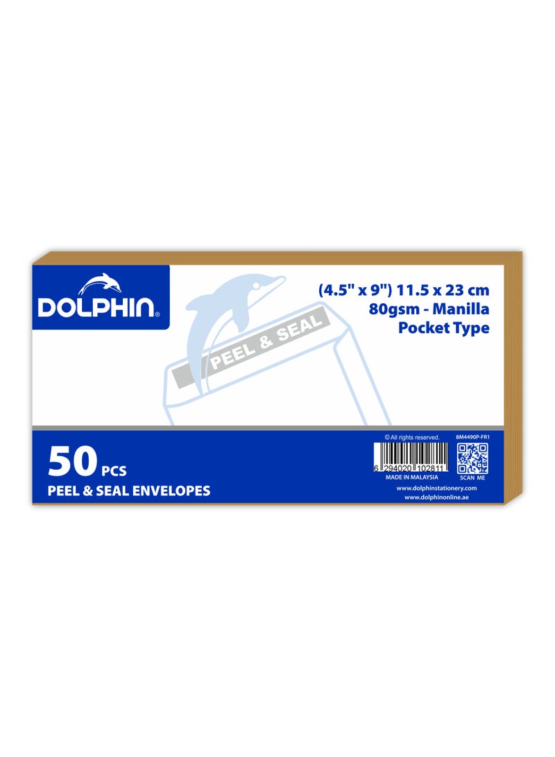 Dolphin Envelopes 4.5x9" Brown, 80 GSM, Pocket Type, Peel & Seal Closure – Pack of 50  - Image 2