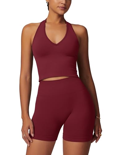 ABOCIW Workout Sets for Women 2 Piece Seamless Halter Cropped Tank Longline Sports Bra Scrunch Butt High Waist Shorts Gym Sets Yoga Pilates Outfits Athletic Work Out Clothes Cherry Red Medium - Image 1