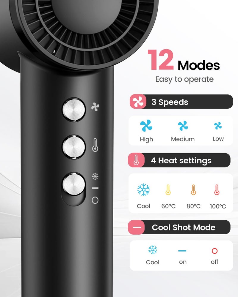 Dekuri Hair Dryer, 110,000 RPM High-Speed Fast Drying Blow Dryer, 500 Million Ionic Lightweight Hairdryer with Diffuser, Magnetic Nozzle, 4 Temps & 3 Speeds, Low Noise for Women & Men (Black) - Image 5