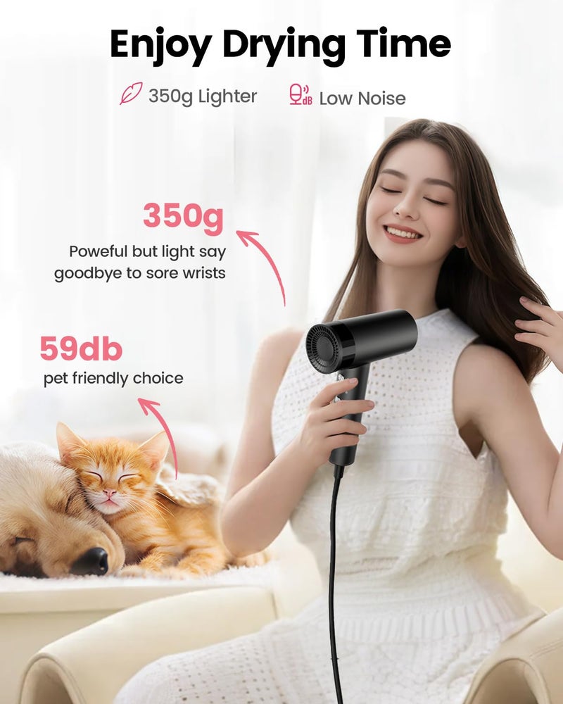 Dekuri Hair Dryer, 110,000 RPM High-Speed Fast Drying Blow Dryer, 500 Million Ionic Lightweight Hairdryer with Diffuser, Magnetic Nozzle, 4 Temps & 3 Speeds, Low Noise for Women & Men (Black) - Image 4