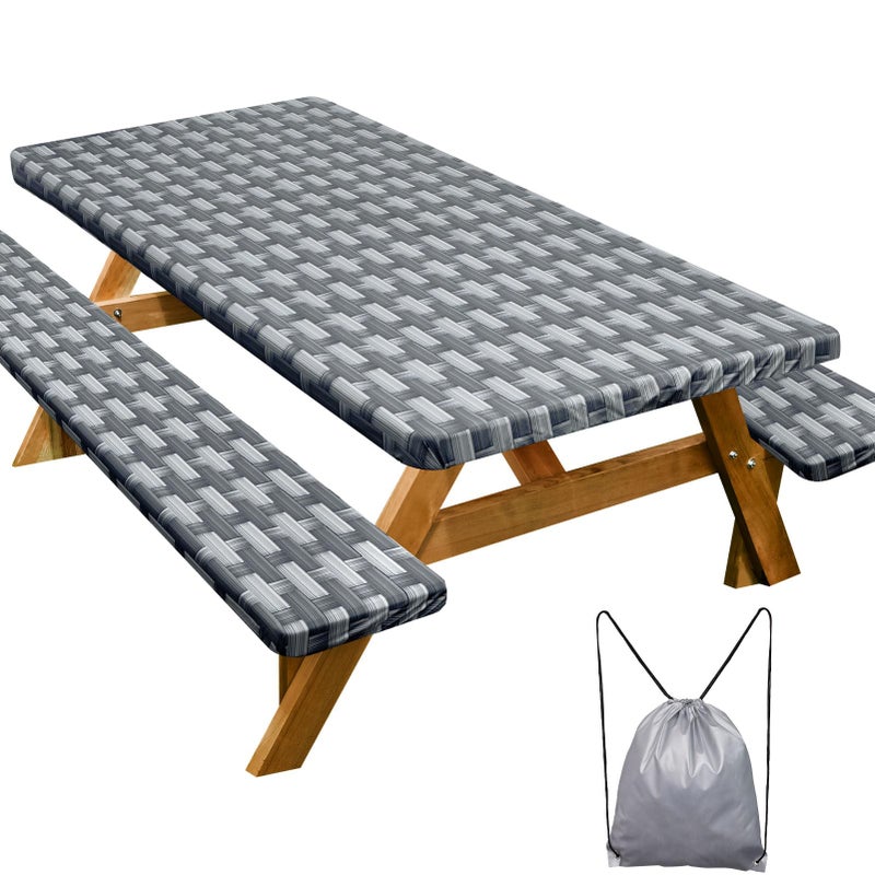 Play Tailor Picnic Table Cover with Bench Covers Camping Essentials Waterproof Windproof Camping Tablecloth with Drawstring Bag, Fitted Rectangle Tables and Seats, 72in, Dark Gray - Image 1
