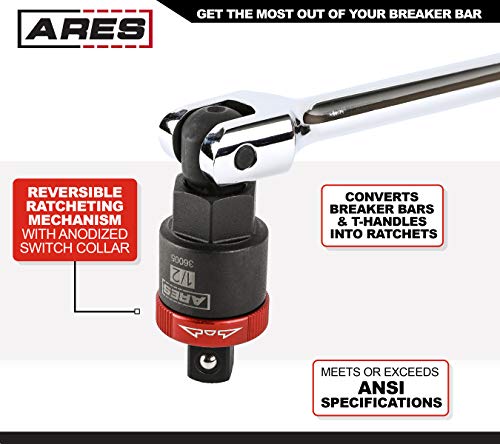 ARES 36005-1/2-Inch Drive Ratcheting Breaker Bar Adapter - Converts Breaker Bar or Sliding T-Handle into Ratchet - Reversible Ratcheting Mechanism with Anodized Switch Collar - Image 3