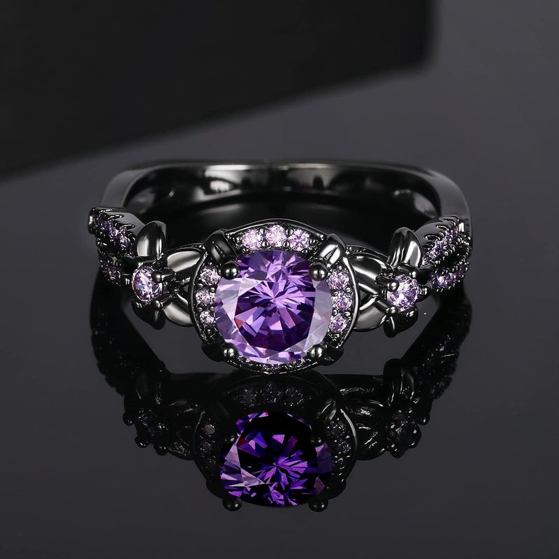 VOLUKA Synthetic Amethyst Ring for Women,18K Black Gold Plated Vintage Purple CZ Stone Wedding Band Gemstone Engagement Rings, Available Sizes 5-10 (7) - Image 5