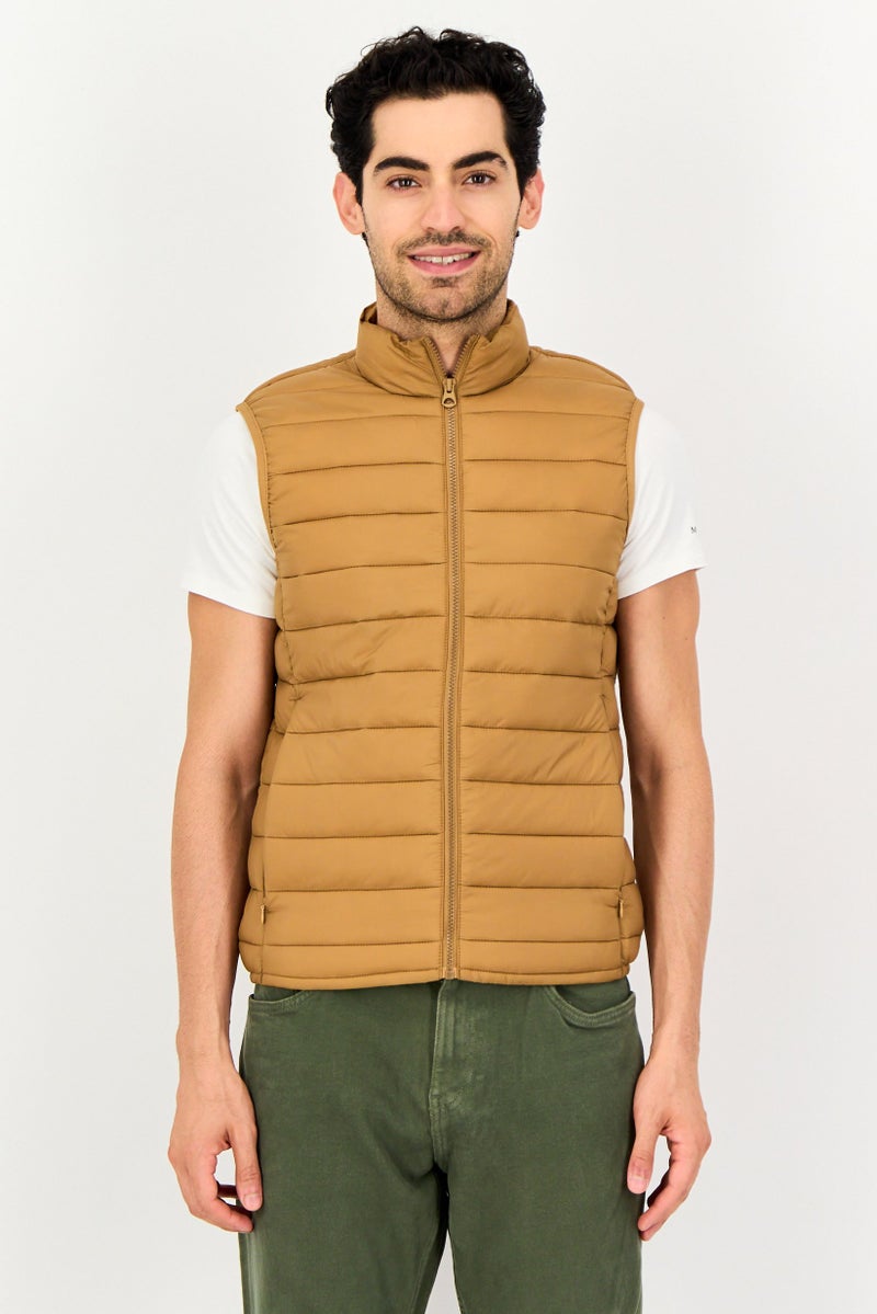 Celio Men Quilted Puffer Vest Jacket, Beige - Image 1